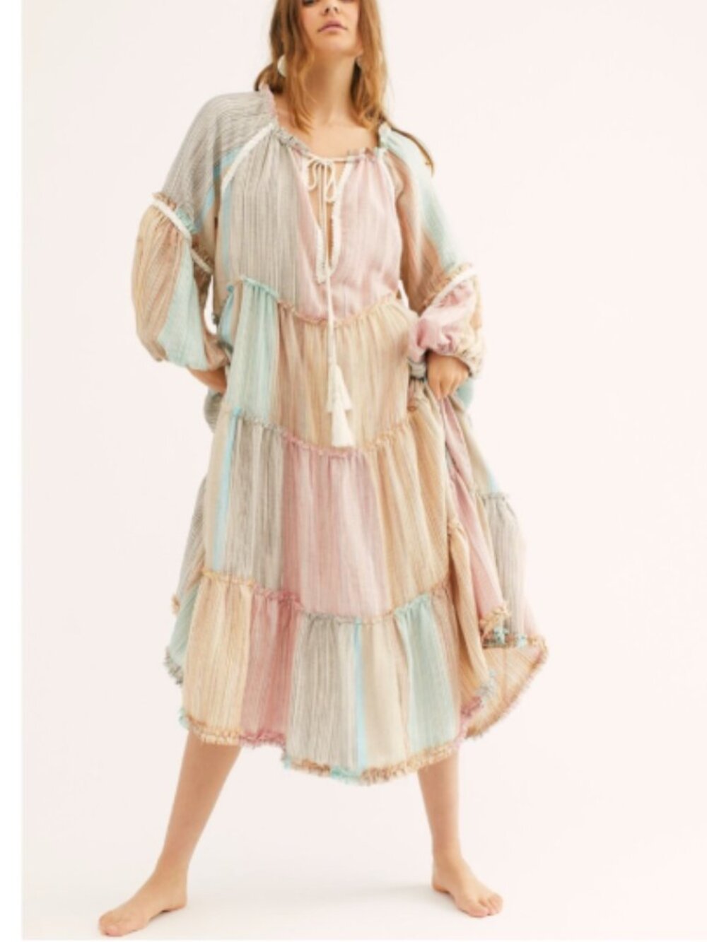 Free People In The Moment Dress Midi Tiered Pastel Flowy Billowy Size Small